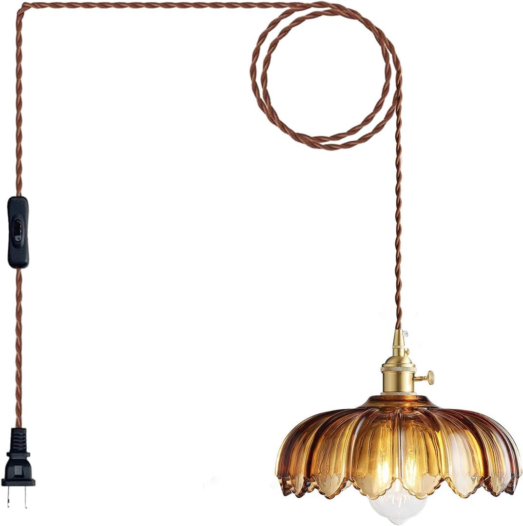 Plug in Pendant Light: Amber Glass Hanging Lamp Plug in, 14.7ft Swag Lamp Cord with On/Off Switch for Kitchen Island/Dining Room/Bedroom/Living Room Hanging Light, No Bulb