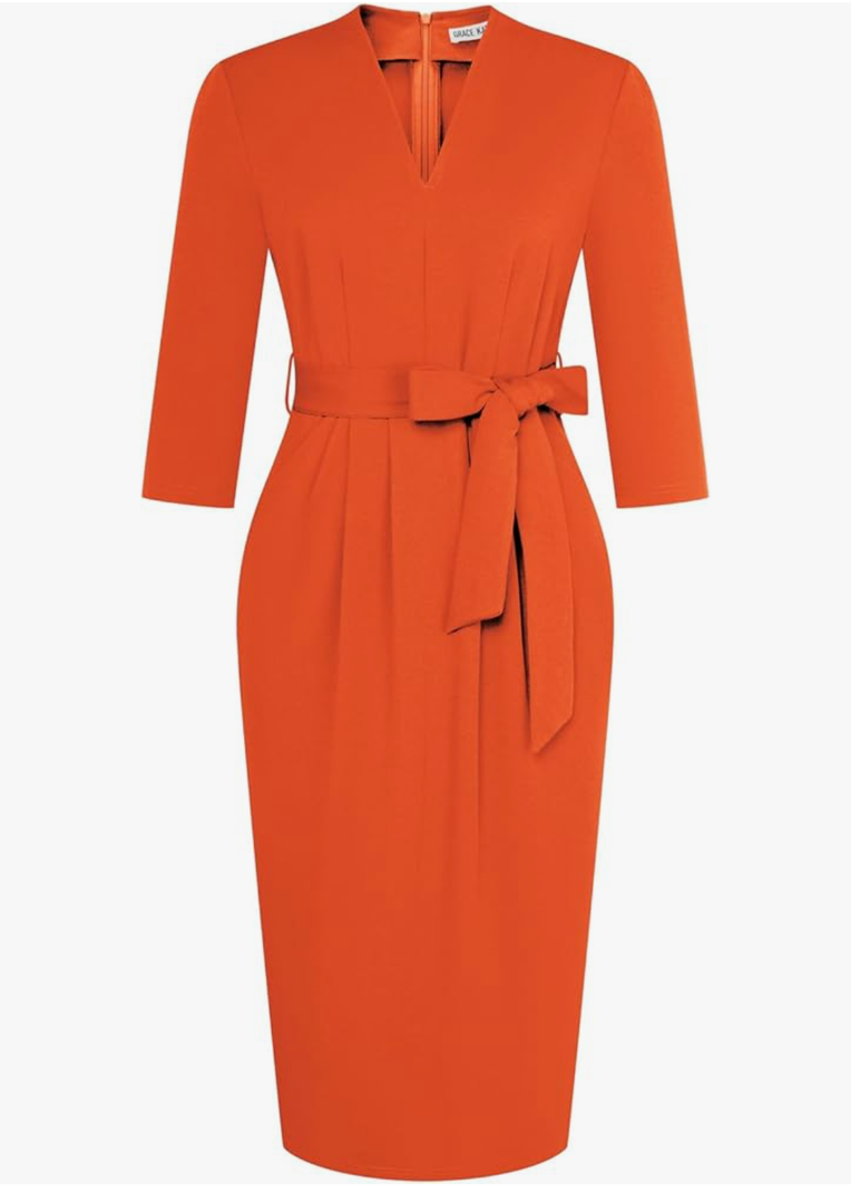 GRACE KARIN Womens Work Dresses V Neck 3/4 Sleeve Back Zipper Tie Waist Bodycon Dress Office Cocktail Dress with Pockets 2XL