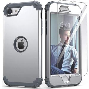 IDweel for iPhone SE 2020 Case with Screen Protector, for iPhone SE 2022 Case,3 in 1 Shock Absorption Slim Fit Heavy Duty Hard PC Cover Soft Silicone Bumper, Full Body Sturdy Cover,Silver
