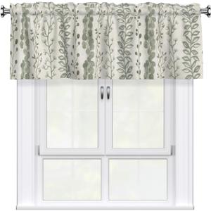 Sage Green Valances for Windows Leaves Printed Kitchen Curtain Farmhouse Spring Short Curtains with Rod Pocket Design Light Filtering Polyester Valance 54 x 18 Inch, 1 Pack