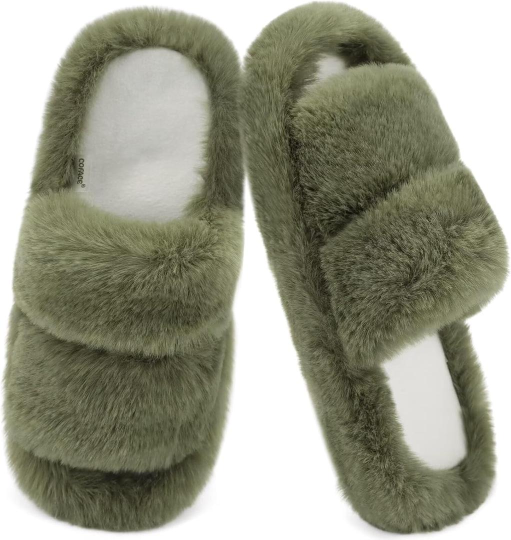 COFACE Women's Fuzzy Slippers Memory Foam Open Toe Slip On House Shoes Size 8.5 (Green)