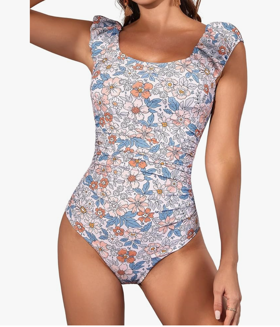 Womens One Piece Swimsuits Puffy Sleeves Tummy Control Bathing Suit Tie Back Swimwear, Large 