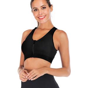 FLORATA Women's Zip Front Sports Bra Seamless Wirefree Post Surgery Bra Padded Sports Bras Yoga Bra with Removable Cups (Large, Black)