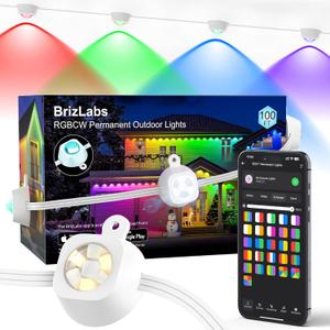 BrizLabs Signature Permanent Outdoor Lights, 100ft 60 LED RGBCW Smart Christmas House Lights, 200+ Custom Scene-Color Effect, Waterproof Eave Light for Xmas, Halloween, Alexa, Google Assistant Enabled