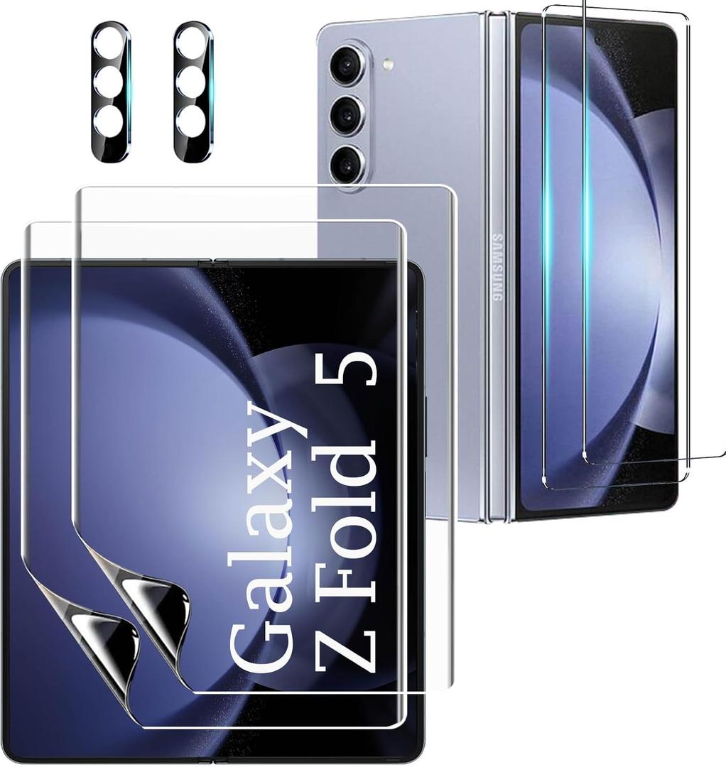 [2Set 6PCS] Screen Protector Compatible with Galaxy Z Fold 5 5G, 2 Inner TPU Films + 2 Outer Tempered Glass + 2 Camera Lens Protectors, High Clarity, Anti-Shatter