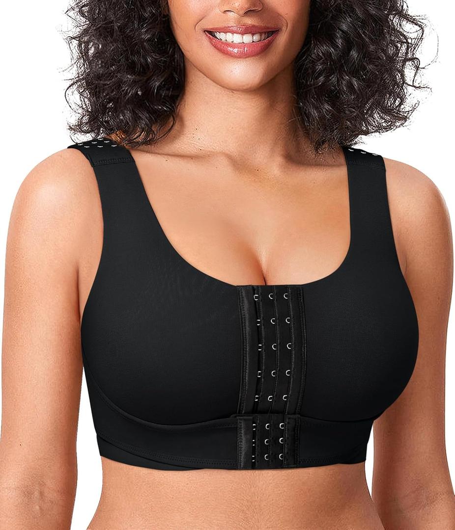 BRABIC Front Closure Bras for Women Post Surgery Compression Mastectomy Surgical Support Wireless Full Coverage Bra (Large, Black)