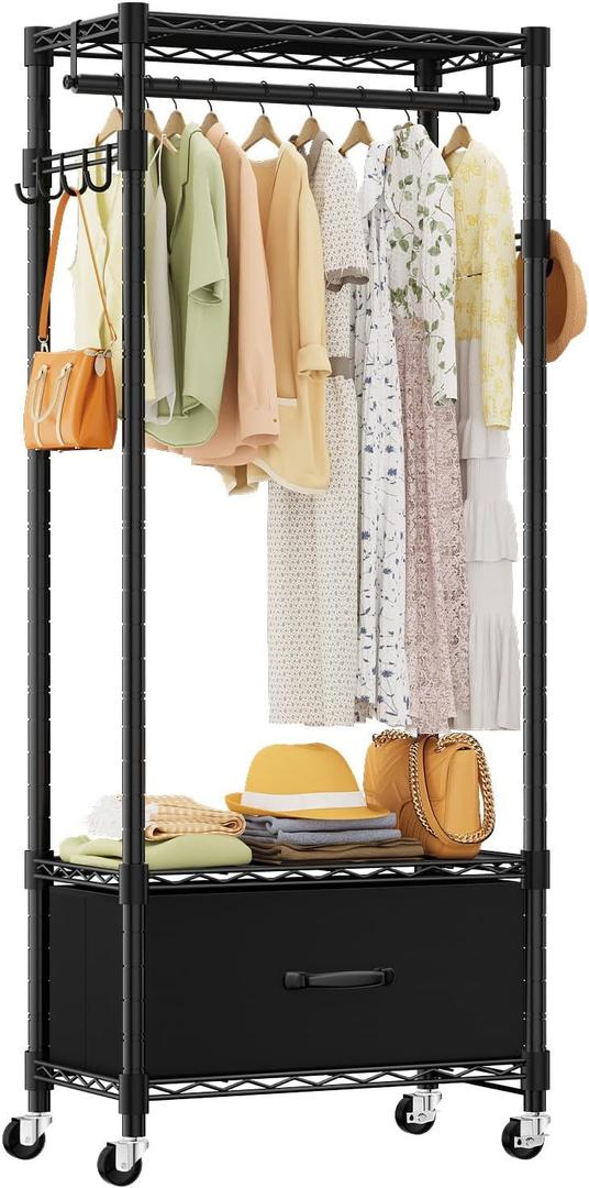 VyGrow Clothes Rack, Clothing Rack for Hanging Clothes, 3 Tiers Adjustable Closet Organizer System with Drawer | Hanging Rod | Side Hooks | Load 445lbs | 23" L x 13.1" W x 78.7" H | Black