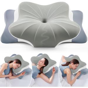 Cervical Pillow for Neck Pain Relief -Cooling Ergonomic Memory Foam Pillow with Ice Silk Pillowcase, Dual-Height Orthopedic Support Contour Pillow for Side/Back/Stomach Sleepers, CertiPUR-US Certified (Queen Size 24.8"Lx14.96"Wx5.51"H, Grey)