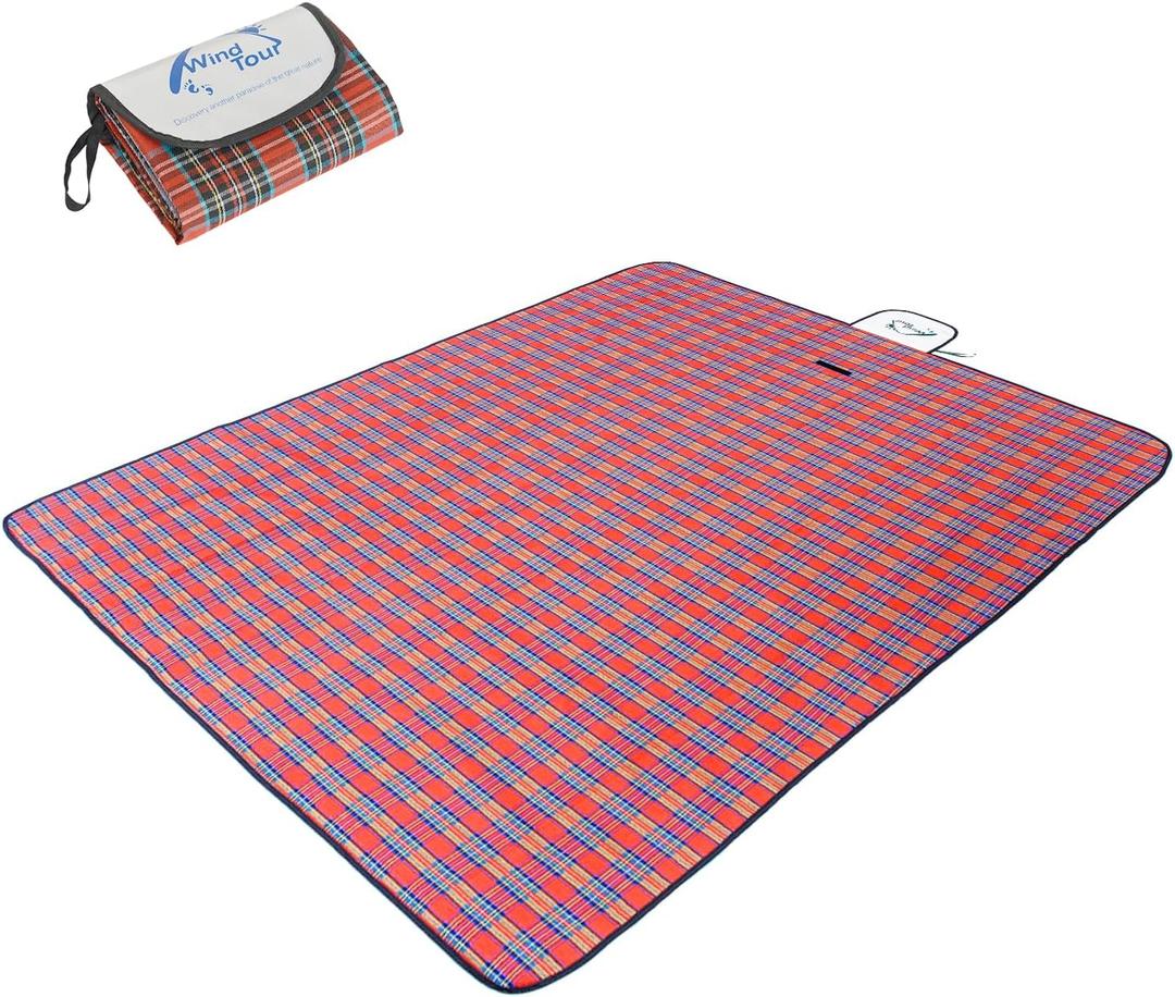 Wind Tour Waterproof Picnic Blanket with Carry Strap - Foldable Sandproof Outdoor Mat for Camping, Beach, Park - 59" x 71",Red (Single Mat)