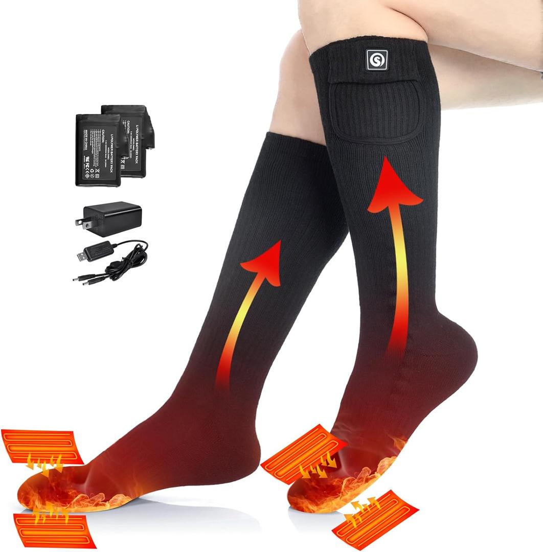 SAVIOR HEAT Heated Socks for Men Women, 150 Fast Heating Electric Ski Socks, 7.4V 2200mAh Rechargeable Battery Powered, Carbon Fiber Toe Warmers for Skiing Hunting Fishing Outdoor Work (Large, Black)