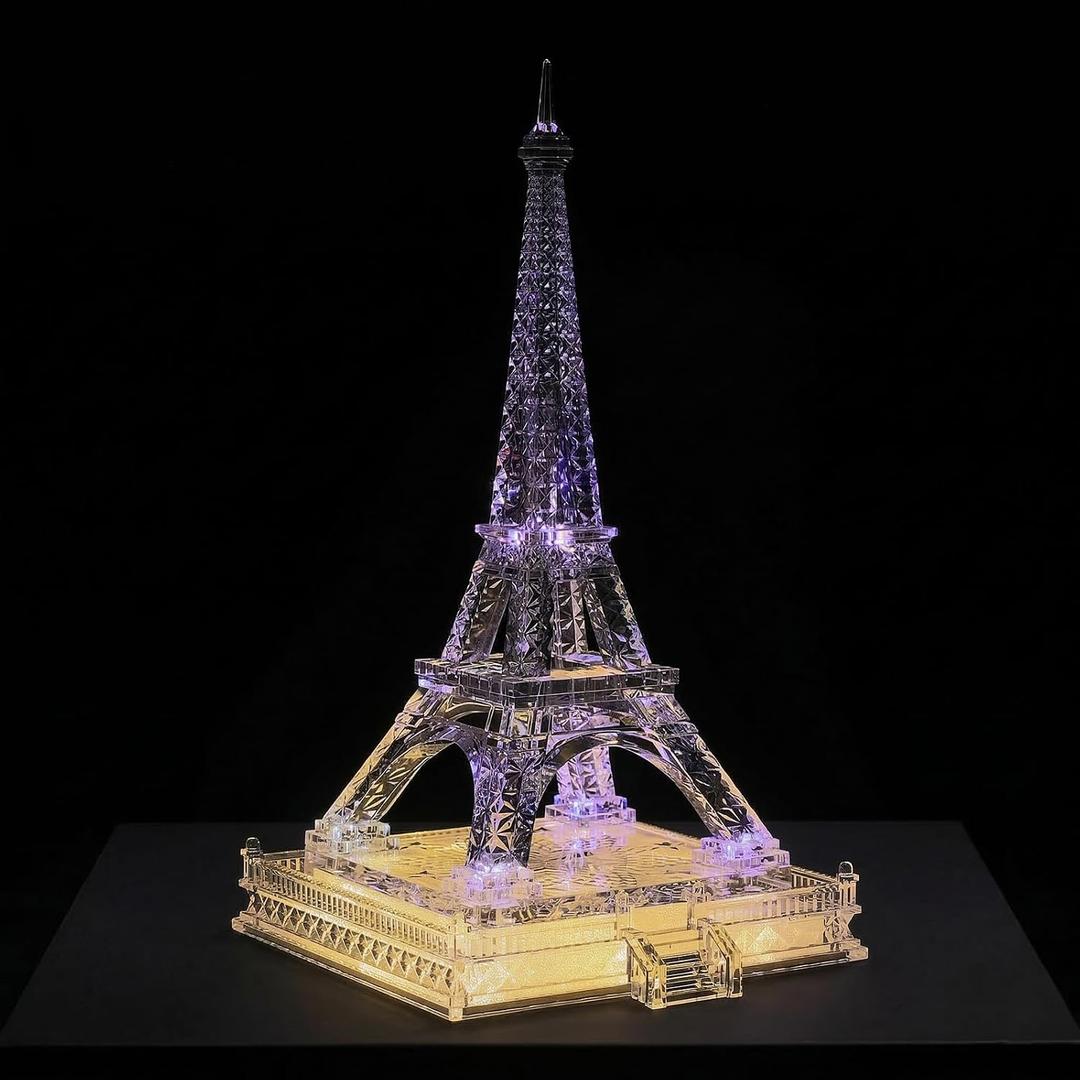 16.9in Tall Eiffel Tower Statue Clear Acrylic Figurine Torre Eiffel Decorations Paris Decor Centerpieces for Tables Home Living Room Shelf Mantel Tabletop Display Model with LED Light Crystal Finish, Large