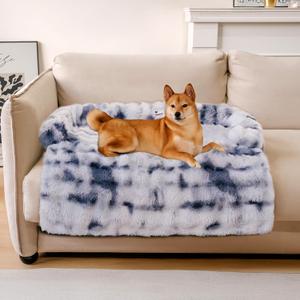 FUNNY FUZZY Pet Fluffy Fuzzy Couch Cover, Calming Washable Dog Bed Sofa Protector Pets Mat for Small Medium Dogs and Cats (Tie-dye Blue,33.45  28.35  5.51 in)