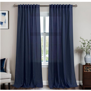 Mrs.Naturall Navy Blue Linen Curtains 34x95  Inches Long for Living Room 2 Panel Rod Pocket Bedroom Drapes Light Filtering Semi Sheer Dark Blue Indigo Colored Curtain for Patio Sliding Door