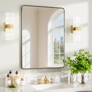 22x30 inch Black Bathroom Mirror, Rounded Rectangle Metal Aluminum Alloy Frame, HD Tempered Glass, Horizontal or Vertical Hanging, Modern Bathroom Decor