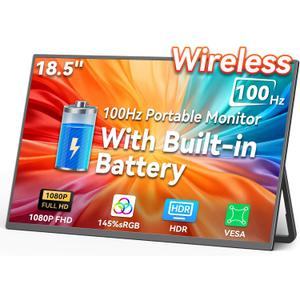 HotYeah 18.5" 100Hz Wireless Portable Monitor w/Rechargeable 10000 mAh Battery, Support AirPlay Miracast, 1080P IPS Monitor USB-C HDMI External Display, 2nd Screen for Laptop MacBook PC Phone Tablet