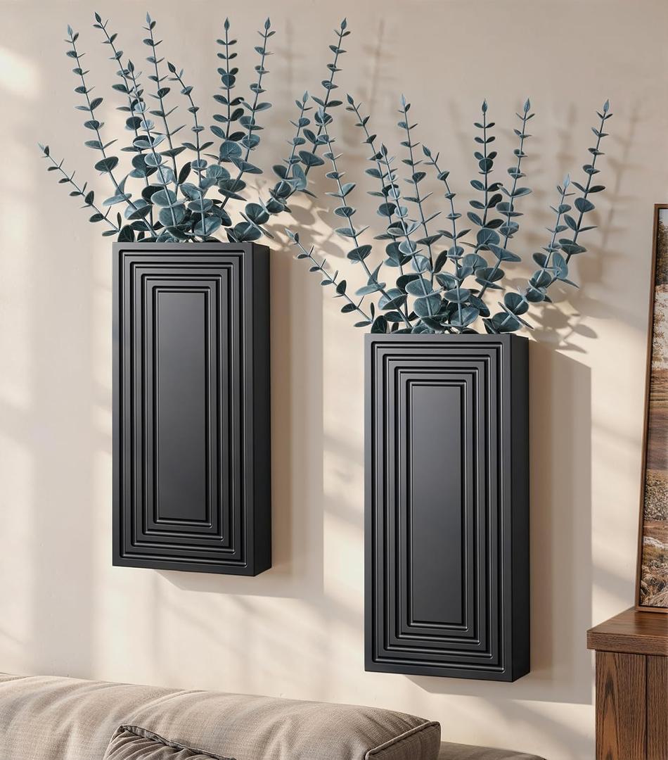 Wooden Wall Planter Vase, 2 Pack Black Wood Hanging Vases with Fake Eucalyptus for Indoor Modern Boho Farmhouse Wall Art Decor for Home Indoor Kitchen Modern Farmhouse Bathroom