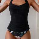 Eomenie Women's Halter Tankini Bathing Suit Ruched Tummy Control Two Piece Swimsuit with Bottom (Medium, Black Floral)