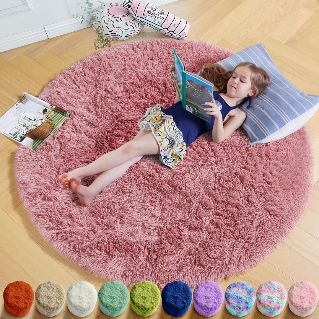 Blush Pink Small Round Rug 3Ft for Kids Bedroom, Fluffy Fuzzy Furry Circle Area Rugs for Girls Room Decor Aesthetic, Shaggy Circular Carpet for Nursery Dorm Baby, Cute Neutral Dusty Rose Mauve Rug