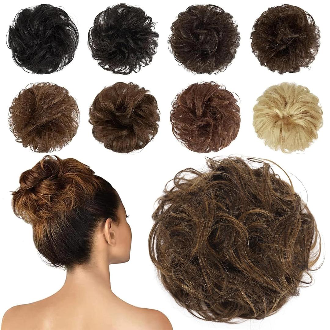 FESHFEN Human Messy Buns - 100% Human Hair Bun Real Scrunchies Hair Pieces Ponytail Extensions Wavy Tousled Updo Chignon Hairpieces for WomenDark Brown Mixed Blonde