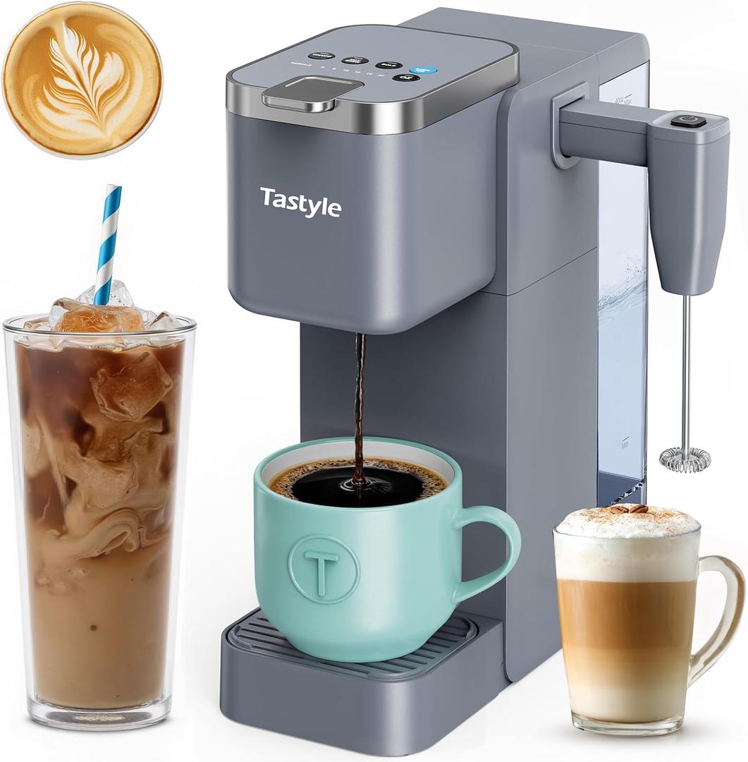 Tastyle Single Serve Coffee Maker with Built-in Detachable Milk Frother, Iced and Hot Coffee Machine for K Cup & Grounds, 40oz Removable Water Reservoir, 6 Cup Sizes, Fits 7.3" Travel Mug, Gray