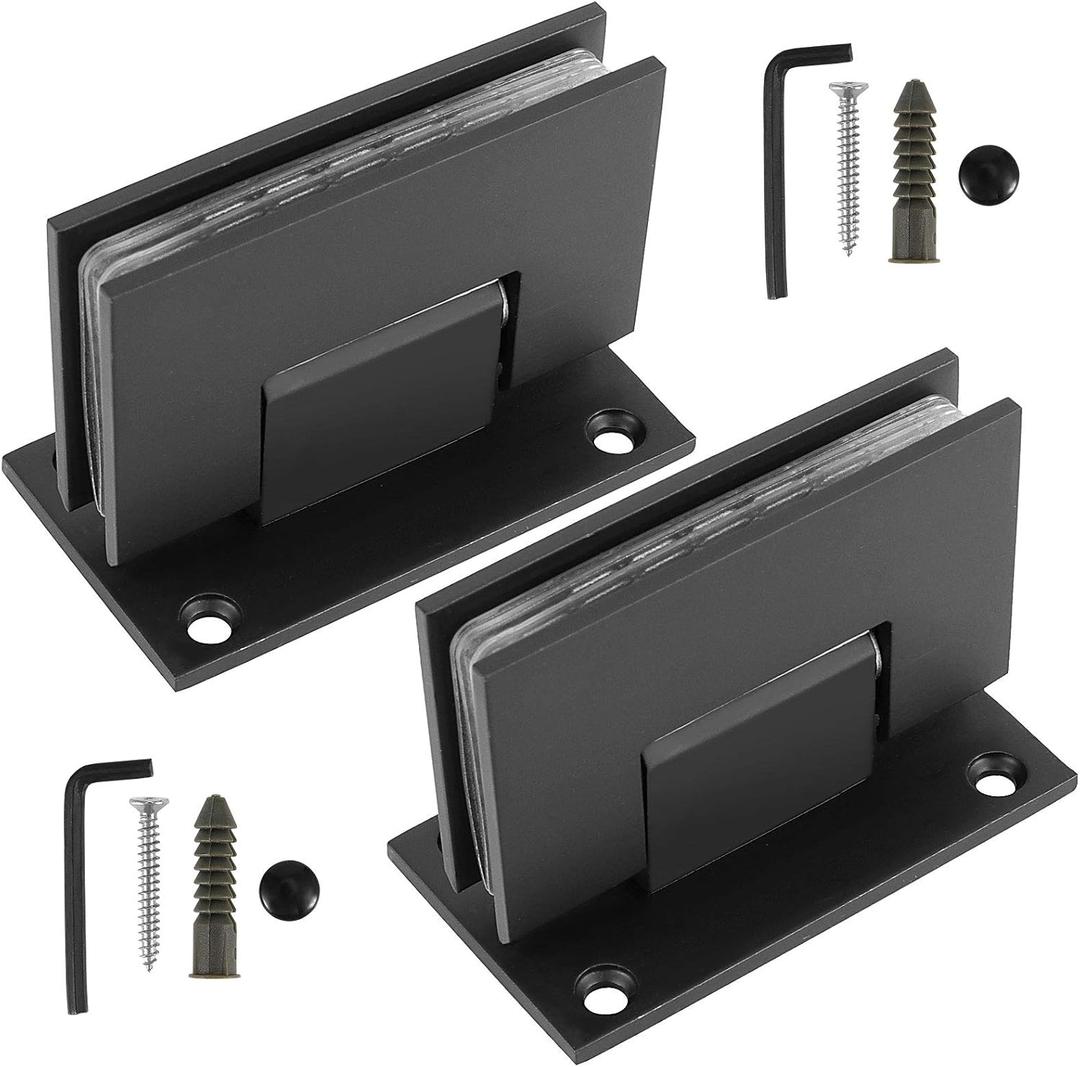 ZOENHOU 2 Pack Black Glass Door Hinges, 90 Degree Frameless Shower Door Hinges, Cupboard Showcase Cabinet Clamp with Mounting Hardware, Fit 8-12 mm Glass