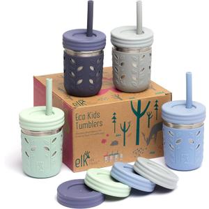 Elk and Friends 10oz Stainless Steel Kids + Toddler Drinking Cups | The Original Mason Jar with Sleeves + Lids | Silicone Straws | Smoothies | Storage Jar | Spill Resistant | Dishwasher Safe | 4 Pack (Sage/Misty Blue/Grey/Navy)