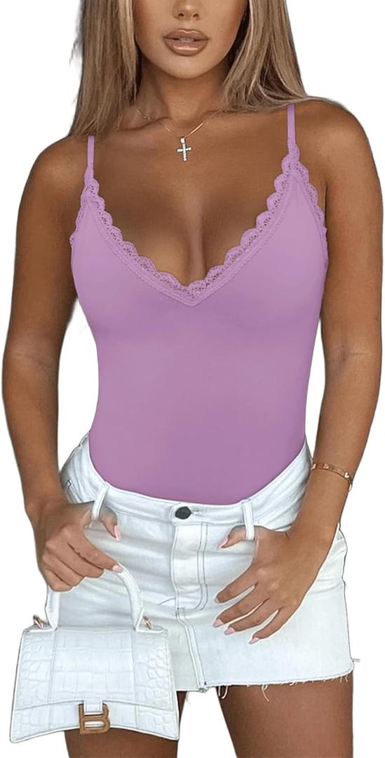 REORIA Women's Sexy V Neck Lace Backless Bodysuits Trendy Sleeveless Double Lined Thong Going Out Y2K Spaghetti Strap Tops (Large)