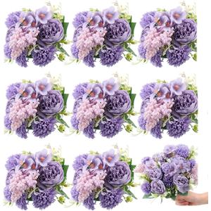 Zeyune 8 Pcs Artificial Flowers Bouquet Fake Silk Flowers Faux Bouquet Hydrangea Bouquets for Valentine's Day Wedding Birthday Party Table Centerpieces Home Office Decoration(Purple,Peony)