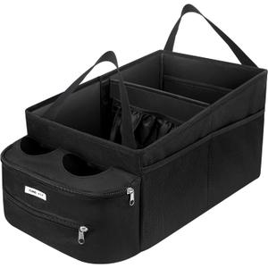 FUNNy elf Passenger Seat Organizer, Collapsible Car Storage with Partitions & 4 Cup Holders for Front or Back Seat (Black)