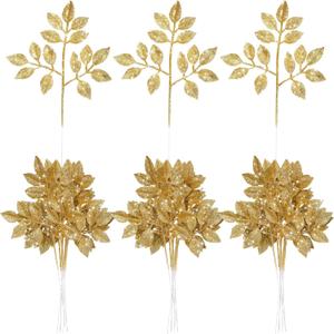 Chuangdi 30 Pcs Gold Christmas Glitter Leaves Picks 12 Inch Artificial Xmas Tree Sprigs and Twigs Glitter Spray Christmas Trees Leaves Plastic Xmas Decoration Fake Bunch Stem for DIY Garland Wreath
