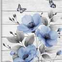 HVEST Rustic Blue Floral Wall Art for Bathroom, Blue and Gray Flower Butterfly on Rustic Wood Canvas Wall Art Country Wildflower pictures for Living Room Bedroom Wall Decor,16L X 12W inches