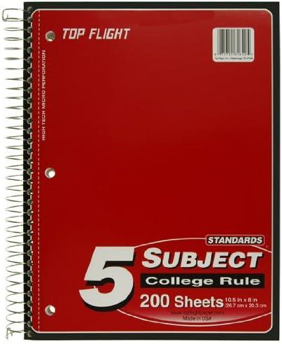 Top Flight Standards 5-Subject Wirebound Notebook, 200 Sheets, 3-Hole Punched, College Rule, 10.5 x 8 Inches, 1 Notebook, Color May Vary (31820)