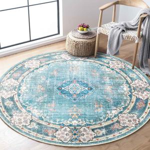 MUJOO Teal Round Rug 4ft,Circle Washable Area Rugs for Bedroom Living Room Bathroom,Boho Small Non Slip Circular Carpet,Floral