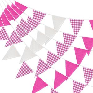 G2PLUS Pink and White Gingham Fabric Bunting Banner, 32Ft Cotton Burlap Triangle Garland for Mother’s Day, Wedding, Birthday, Carnival, Picnic, BBQ & Outdoor Events