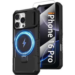 Magnetic Case for iPhone 16 Pro with Ring Stand [Glass Screen Protector] [Compatible with MagSafe] Military Grade Case with Camera Cover, Heavy Duty Shockproof Cover for iPhone 16Pro 6.3 inch, Black