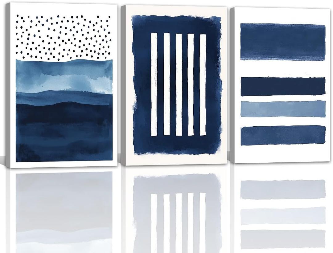 Blue Abstract Wall Art Canvas - Navy and White Framed Painting for Living Room, Bedroom, Office Decor - 16x24 Inches Set of 3(Blue,16.00" x 24.00" x 3Pcs)