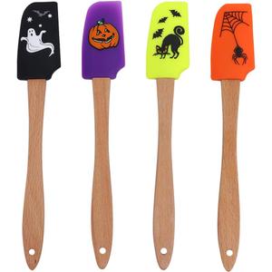 Hemoton 4pcs Halloween Wooden Handle Silicone Scraper Cream Spatula Baking Gadget Baking Supplies Kitchen Utensil for Home Bakery (Ghost + Black Cat + Pumpkin + Spider Pattern)