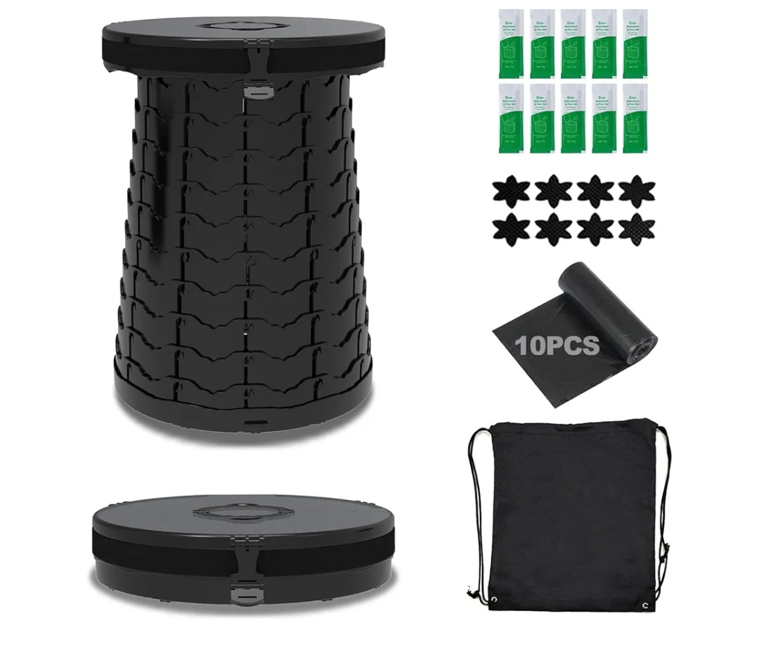 Camping Toilet Retractable Portable for Adults Kids, Adjustable Height Potty with Lid Foldable Design for Hiking, Car Travel, Truck, RV, Boating, Road Trips, Beach (Black)