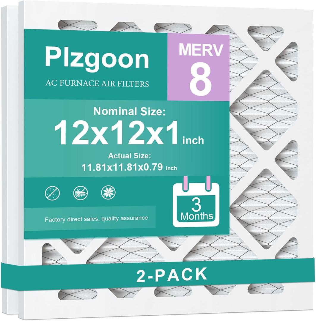 12x12x1 Air Filter MERV 8 (2 Pack) MPR 600 Pleated AC Furnace Filters Replacement (Exact Dimensions: 11.81"L x 11.81"W x 0.79"Th) Compatible with Air Conditioner AC HVAC Furnace