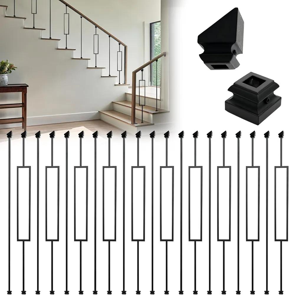 30 Pack 44" Wrought Iron Staircases Balusters, 1/2" Rectangular Stair Spindles, 15 Straight and 15 Single Rectangle, Hollow Stair with 60 Baluster Shoes for Staircases, Hallways and Backyard Fences