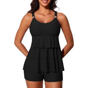 Summer Mae Women's Tankini Swimsuits with Shorts Ruffled Tummy Control Bathing Suits Modest 2025 Swimwear (12, Black)