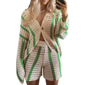 Gihuo Women' s Y2K 2 Piece Knit Outfits Striped Sweater Shorts Set Color Block Long Sleeve Button Up Shirts Shorts (S, Green)