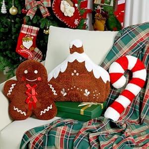 Olgaa 3 Pcs Christmas Pillows Gingerbread Man Candy Cane Gingerbread House Shaped Throw Pillows Decorations Couch Sofa Decor Plush Stuffed for Home Indoor Bedroom Cushion Decor (Brown)