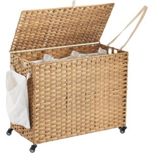 Laundry Hamper with Wheels, 52.8 Gallon(200L) Rolling Laundry Basket with Lid, 3-Section Rattan Clothes Hamper with 3 Removable Liner & 3 Mesh Bags, Laundry Sorter with Side Pocket, Natural (200L31.5x15.75x25.6 Inches)