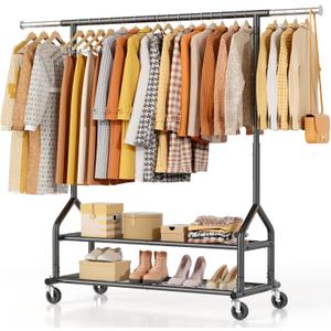 Heavy Duty Clothes Rack Load 556 LBS, Rolling Clothing Rack With Shelves, Height Adjustable Metal Clothes Hanger with Wheels Portable Wardrobe Organizer Garment Rod for Hanging Clothes (Black), Style: 2 Shelves