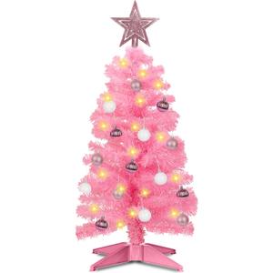 3 Feet Pink Premium Christmas Tree 12 Modes Dual Color Change Timer DIY 50 Warm White & Multicolor Lights Star 15 Ball Ornaments Battery Operated Small Artificial Full Xmas Tree Table Home Indoor