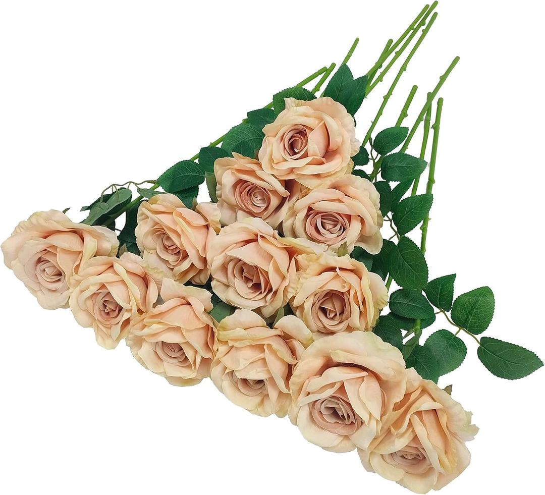 ATFL Fake Roses Artificial Flowers Bulk,Floral Diameter 4'',20 Pcs Artificial Silk Roses Flowers with Stems for Wedding Arrangement Centerpieces Party Home Table Decorations (20, Fall Champagne)