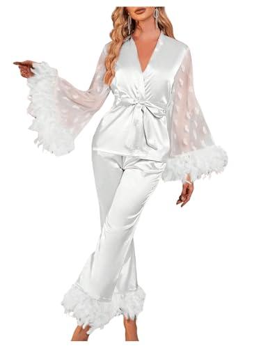 OYOANGLE Women's 2 Piece Pajama Set Satin Contrast Mesh Feather Trim Silk Long Sleeve Belted Top and Pants Lounge Sets White Large