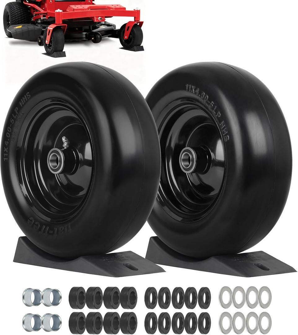 11x4.00-5 Flat Free Lawn Mower Tire and Wheel, Comes with Saver Ramp, 3/4" or 5/8" Bearing, 3.4"-4"-4.5"-5" Centered Hub, Smooth Tread Tire for Zero Turn Mowers, 2 Pcs