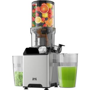 Cold Press Juicer, Wide Feed Chute Juicer Machines, Stainless Steel Slow Masticating Juicers Easy to Clean, Vegetables & Fruits Juice Extractor, High Juice Yield, Platinum Color Knob